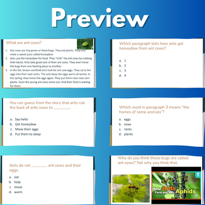 Reading Comprehension + Writing Prompt: What are ant cows? for Grade 2
