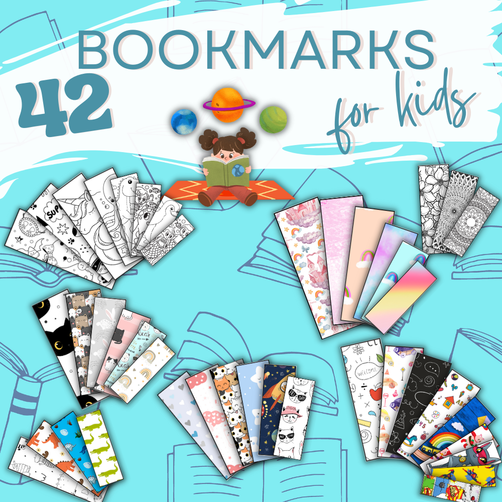 42 Bookmarks for Kids: Black and White and Color Options