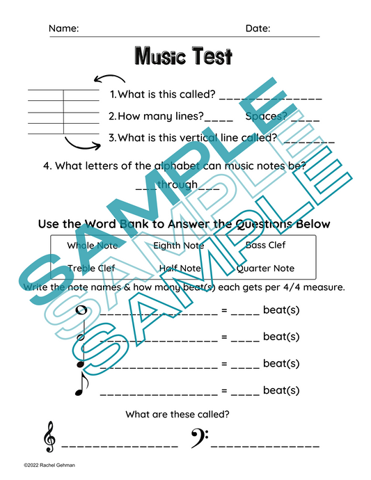 Music Test for Grades 1-3