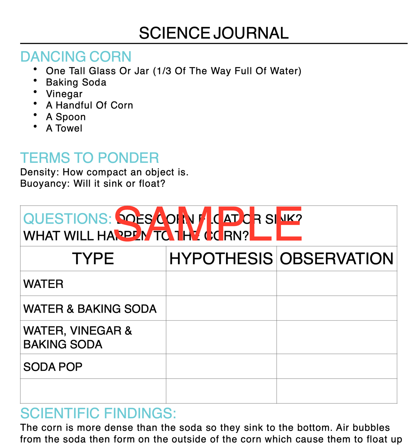 Dancing Corn Science Experiment Journal & Step-By-Step Instructions