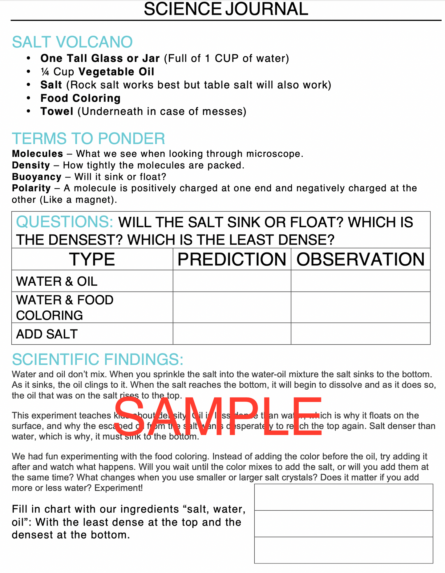 Salt Volcano Science Experiment Journal & Step-By-Step Instructions
