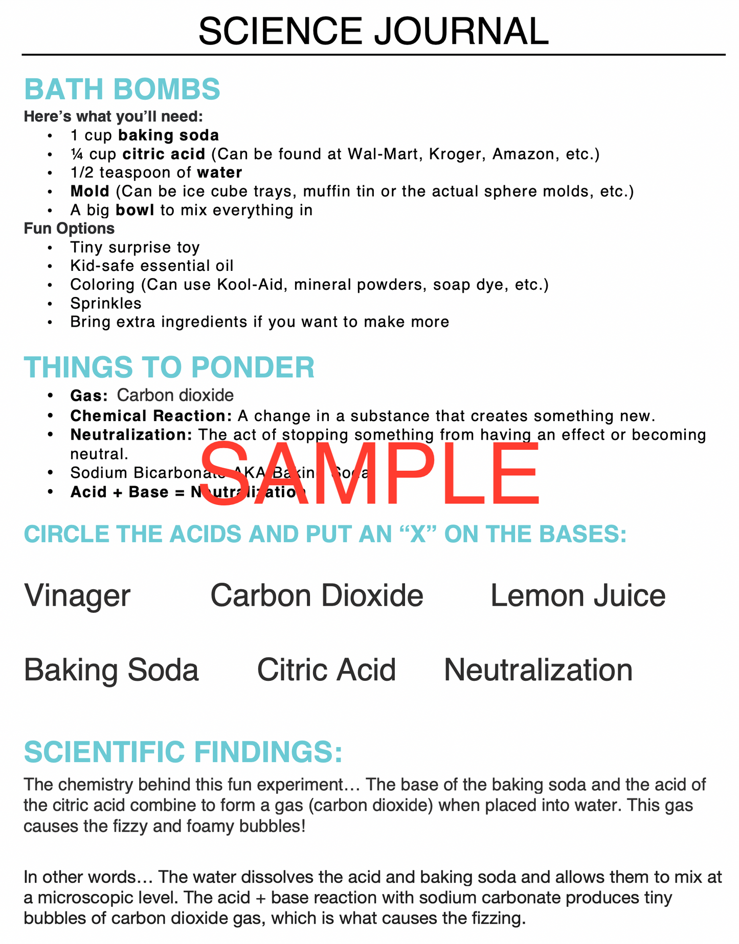 Chemistry Behind Bath Bombs Science Experiment Journal & Step-By-Step Instructions