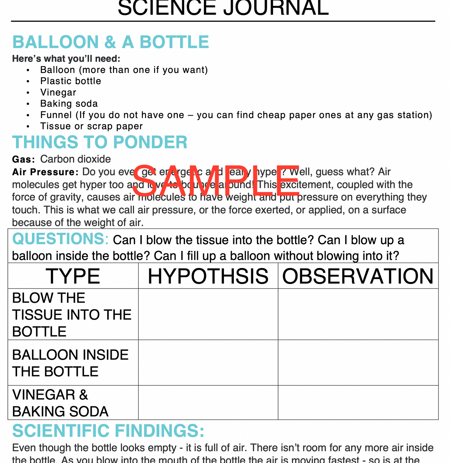 3-in-1 Balloon and a Bottle Science Experiment Journal & Step-By-Step Instructions